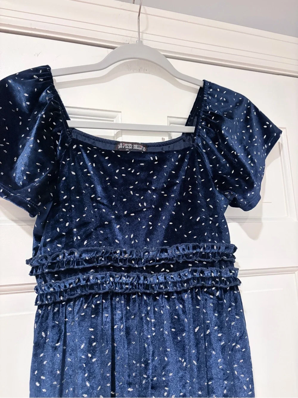 Girls Navy Blue Velour Sparkle Smock Waist Jumpsuit Large